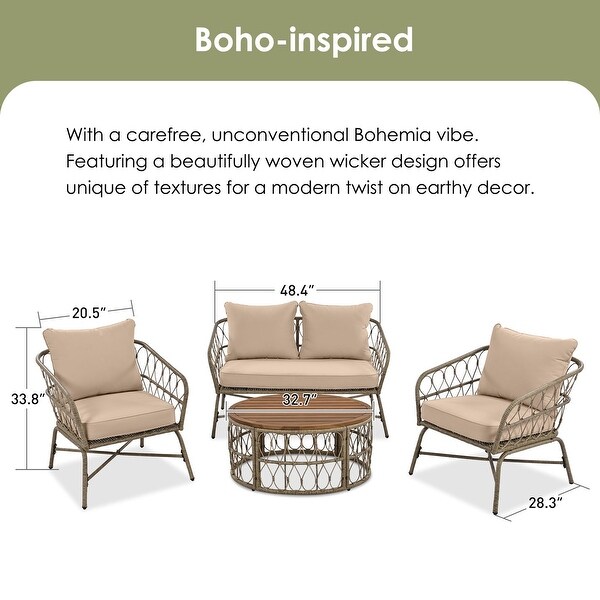 4Piece Wicker Patio Conversation Set with Beige Cushion