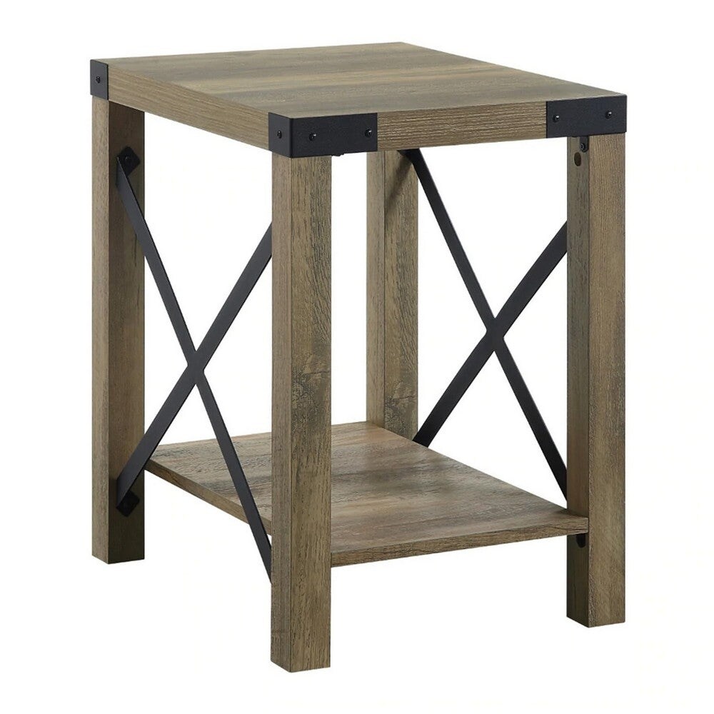 Eli 22 Inch Wood End Table， Metal Brackets， Cross Bars， Rustic Oak Brown - 16 L x 20 W x 22 H Inches