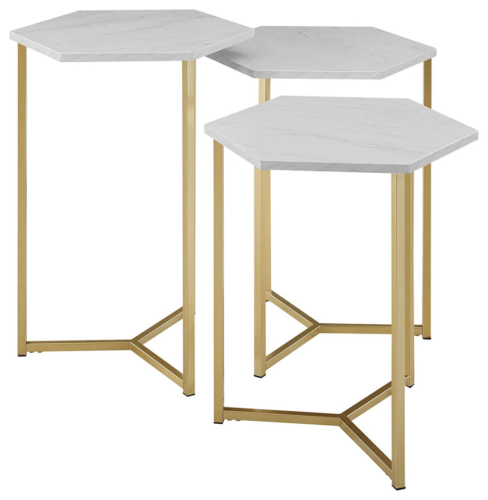 Marble and Gold Modern Hexagon Nesting Side End Table Set   Transitional   Coffee Table Sets   by Imtinanz  LLC  Houzz