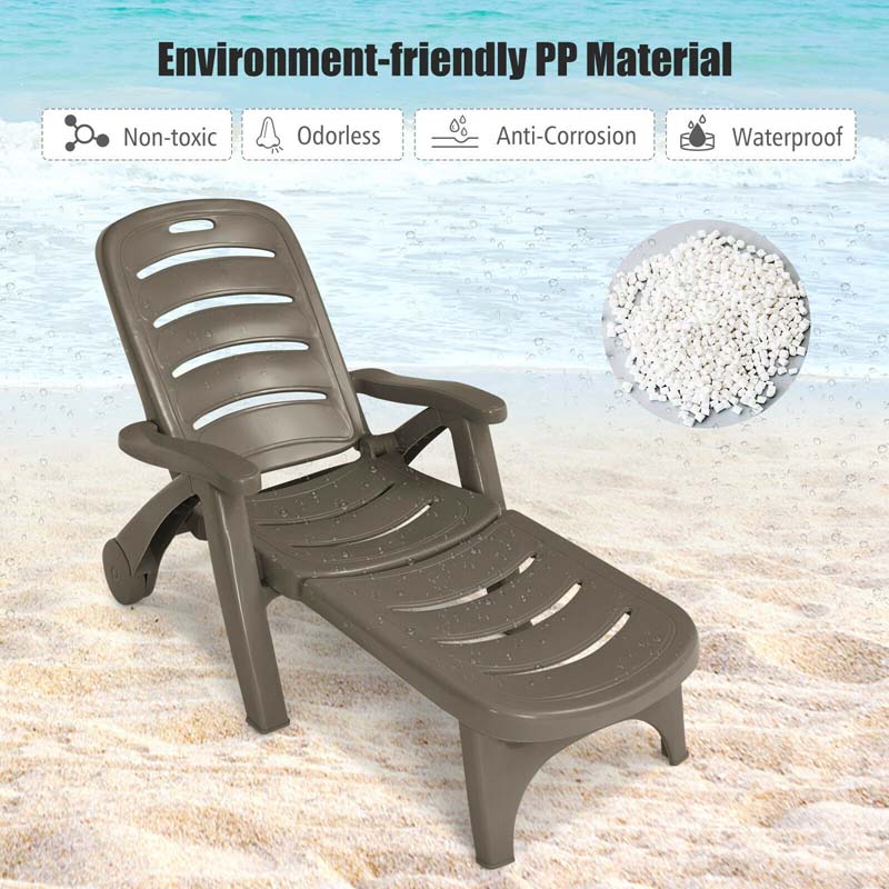 Rolling Folding Plastic Pool Lounge Chair with Armrests, 5-Position Outdoor Sun Lounger Patio Deck Chair Beach Chair