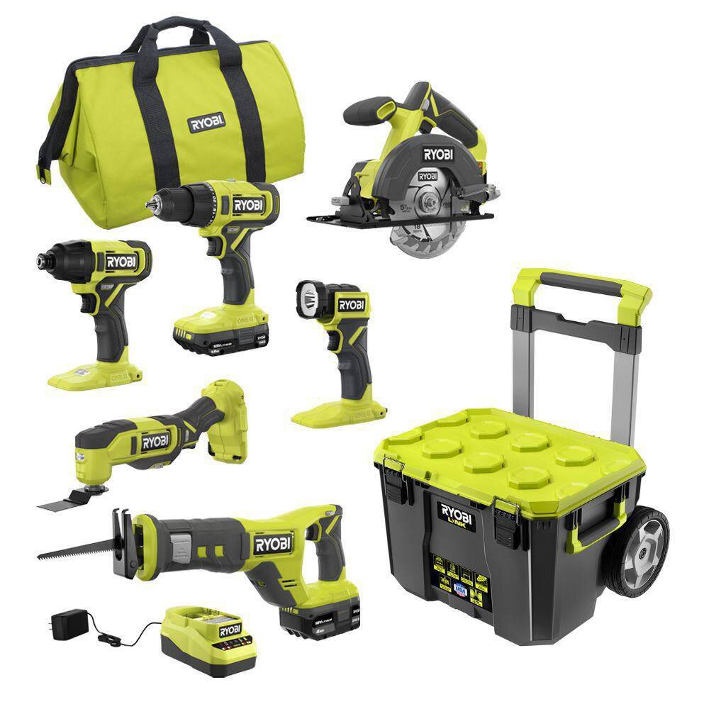 RYOBI ONE+ 18V Cordless 6-Tool Combo Kit with 1.5 Ah Battery 4.0 Ah Battery Charger and LINK Rolling Tool Box PCL1600K2-STM201