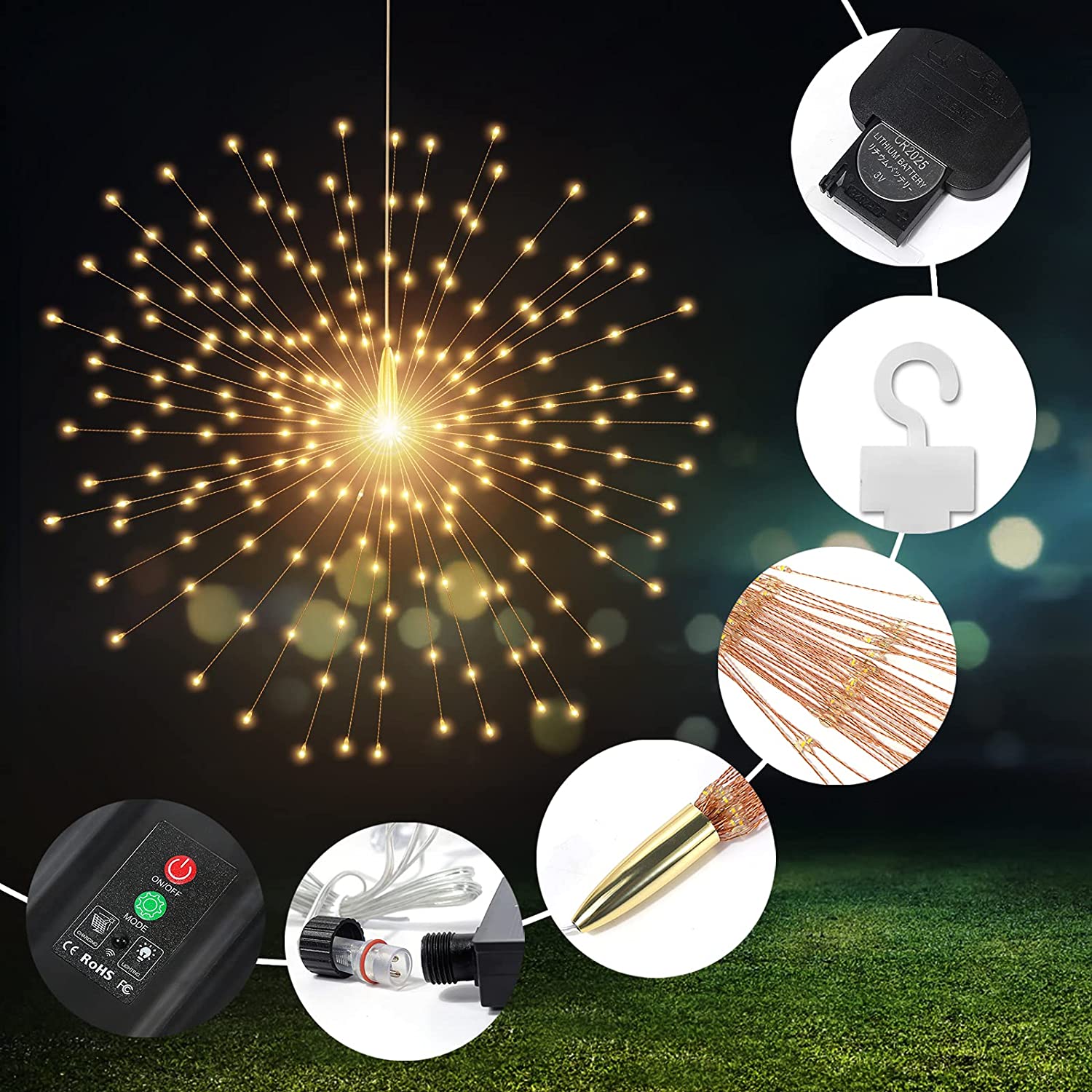 PXBNIUYA 5 Pack Solar Starburst Sphere Lights，200 LED Firework Lights， 8 Modes Dimmable Waterproof Hanging Fairy Light， Copper Wire Lights for Patio Parties Christmas (Warm White)