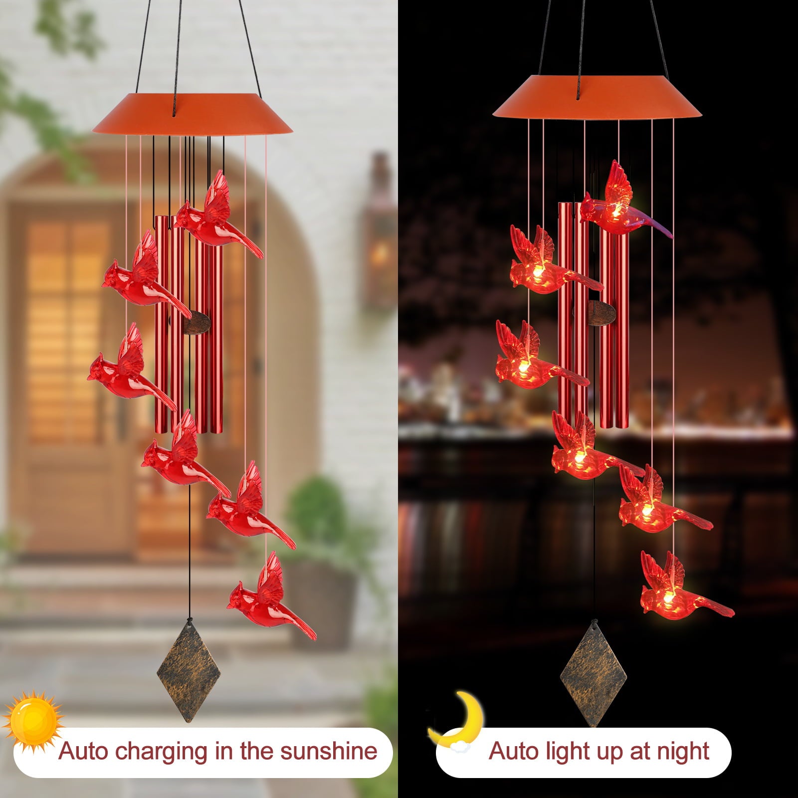 Cardinal Bird Solar Wind Chimes， TSV LED Red Tubes Wind Belles with S Hook for Outside， IP65 Water and Moisture-Proof for Patio Garden Home， Memorial Gift Decor