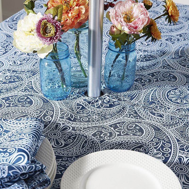 60 Zippered Round Outdoor Tablecloth with Printed Blue Paisley Design