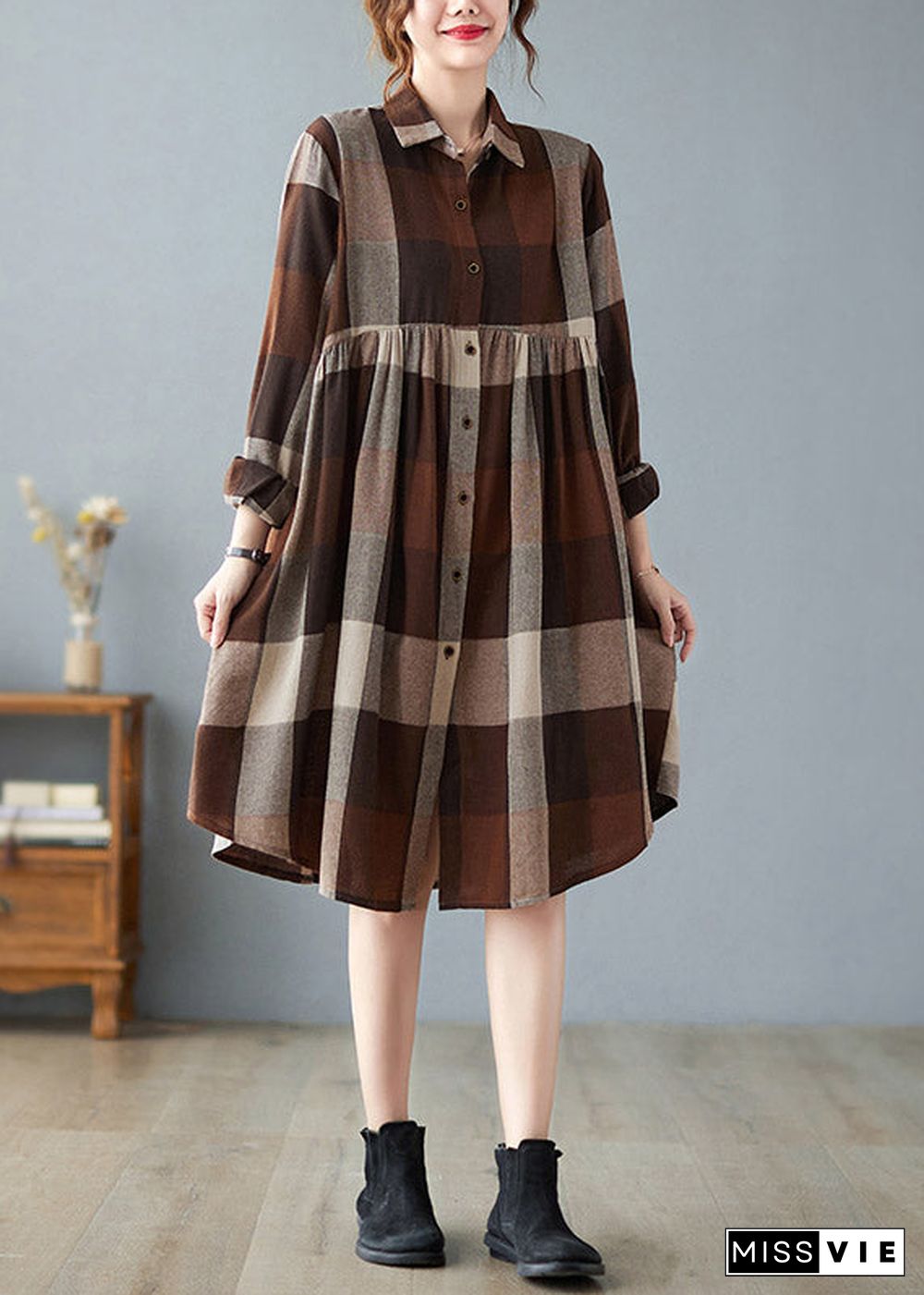 Fashion Peter Pan Collar Button Wrinkled Long Plaid Shirts Dress Long Sleeve