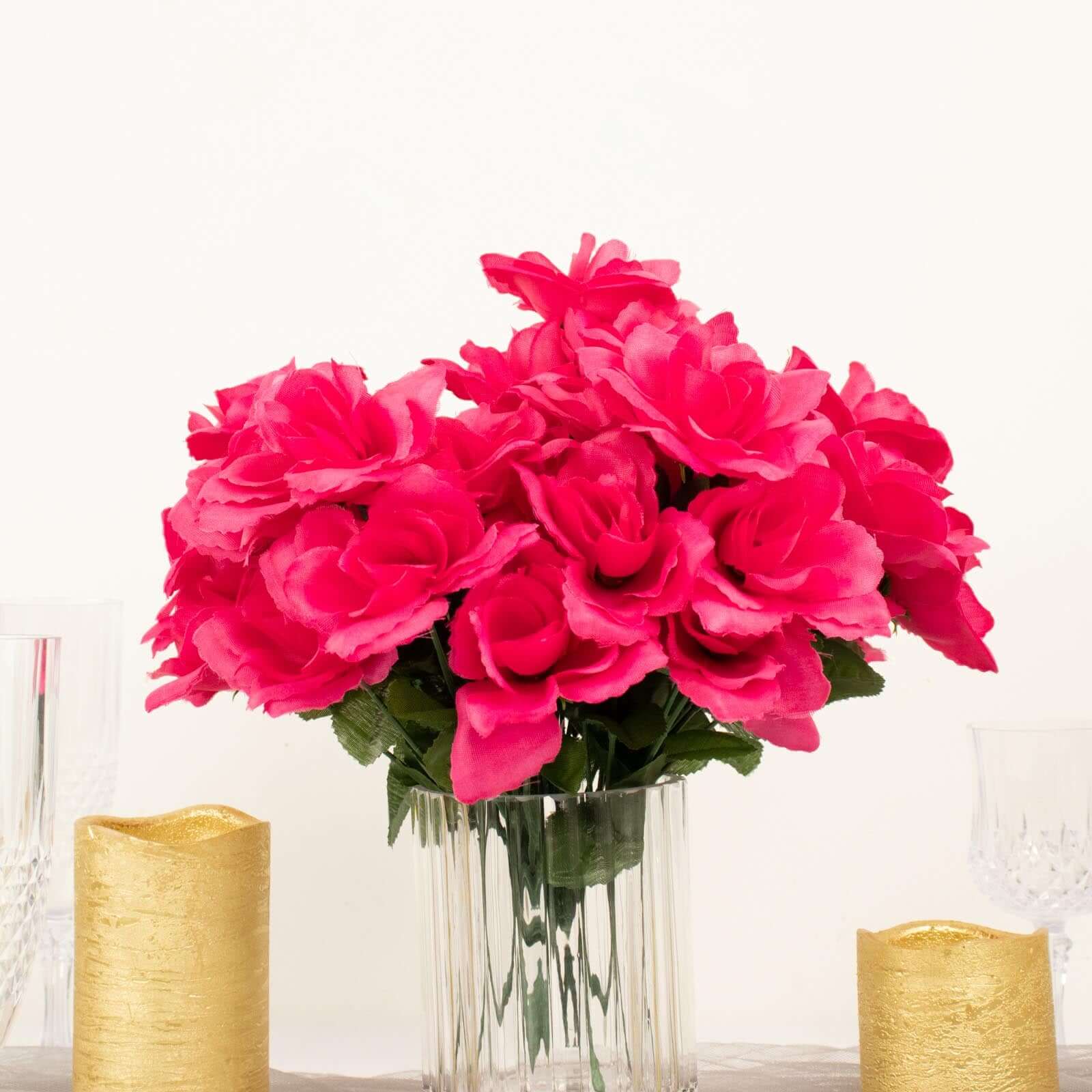 12 Bushes Fuchsia Artificial Premium Silk Blossomed Rose Flowers 84 Roses