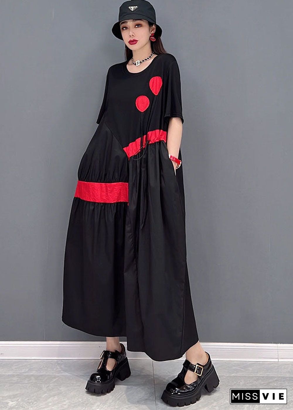 Stylish Streetwear Black Drawstring Asymmetrical Patchwork Cotton Pleated Dresses Short Sleeve