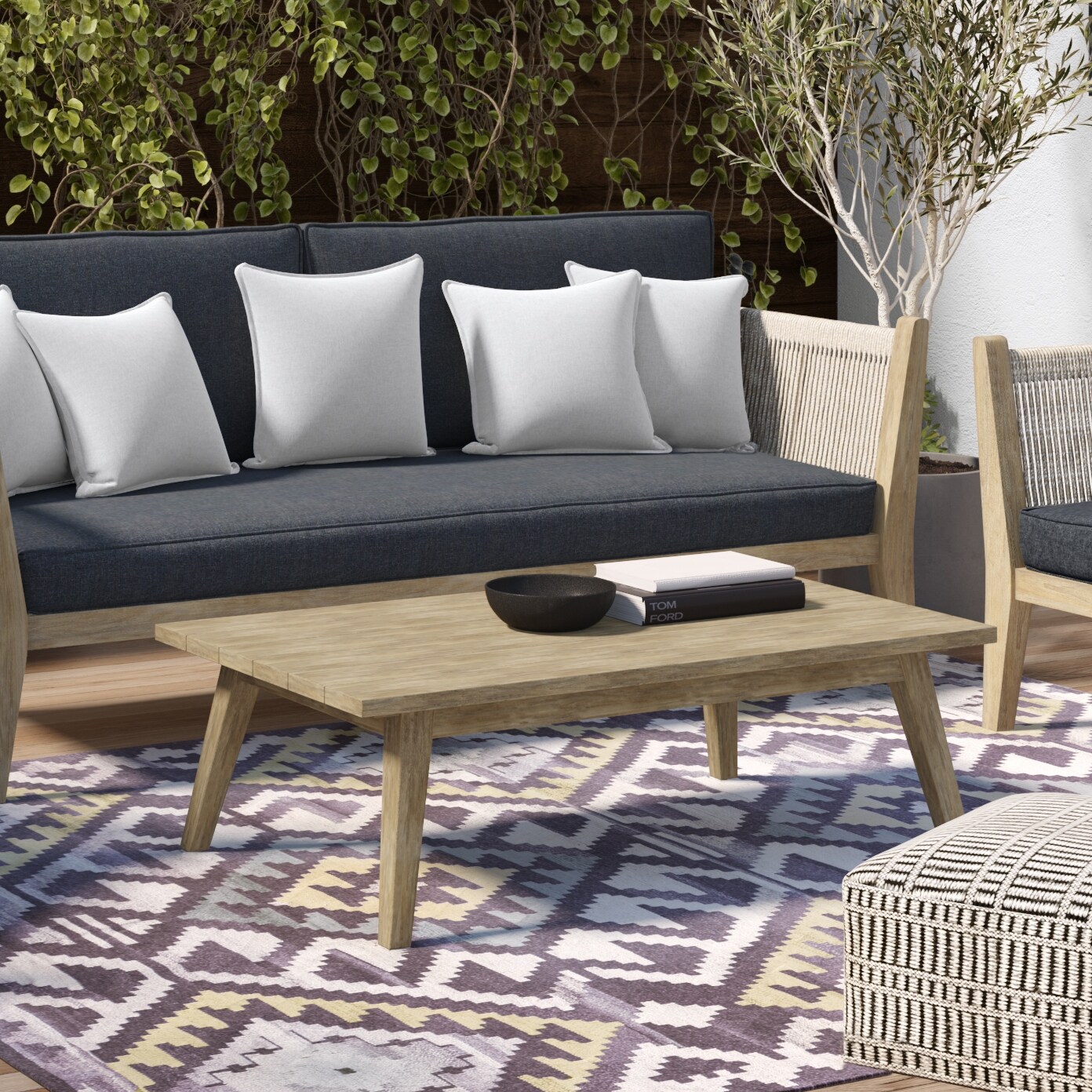 WyndenHall Luna 43 inch Wide Contemporary Outdoor Coffee Table in Brushed Natural Acacia - 25.5