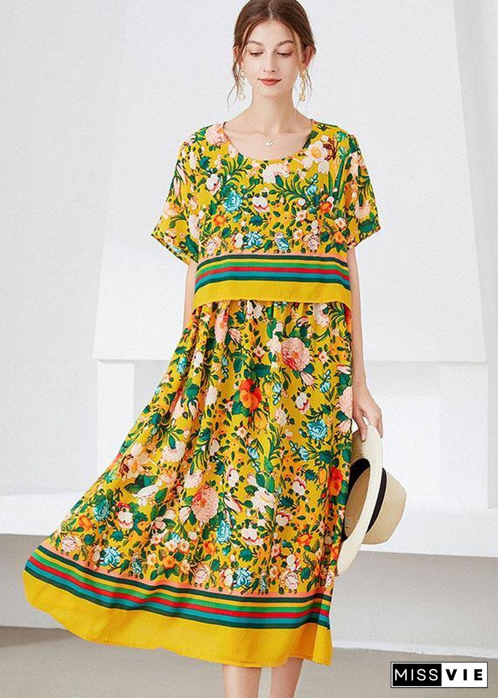 Natural Yellow Loose O-Neck Print Summer Robe Dresses Half Sleeve