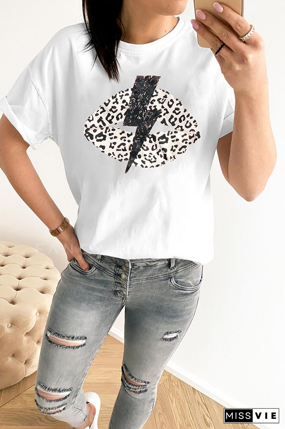 Leopard Lightning Lip Print Graphic Tees for Women Wholesale Short Sleeve T shirts Top