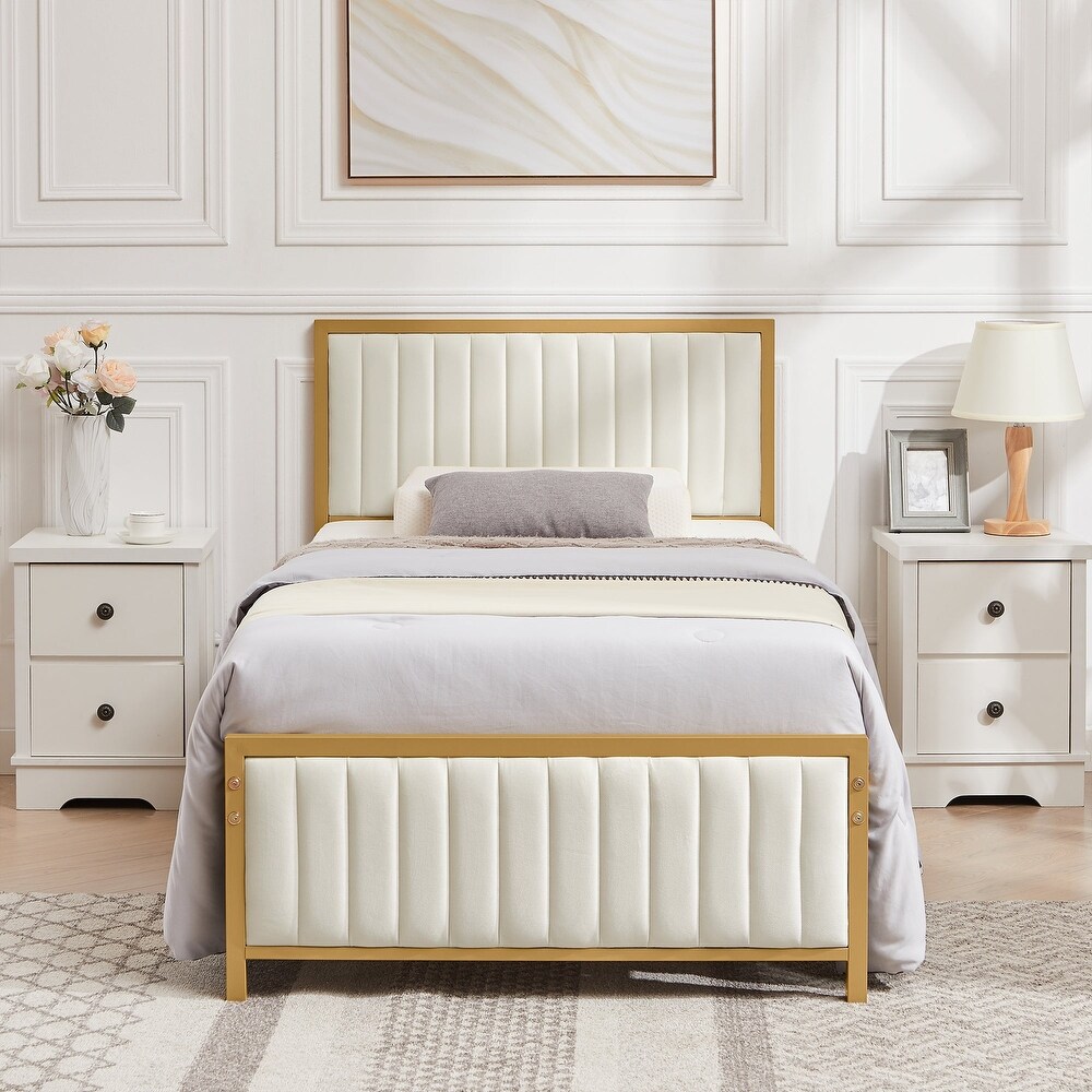 VECELO Modern Faux Leather Upholstered Bed  Beige/Grey