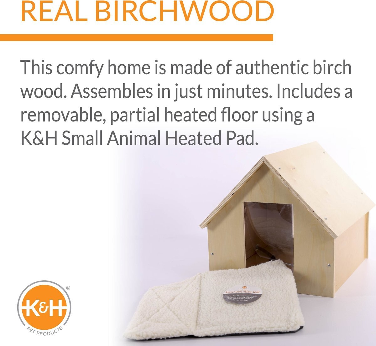 KandH Pet Products Birchwood Manor Wooden Outdoor Heated Cat House， Natural Wood