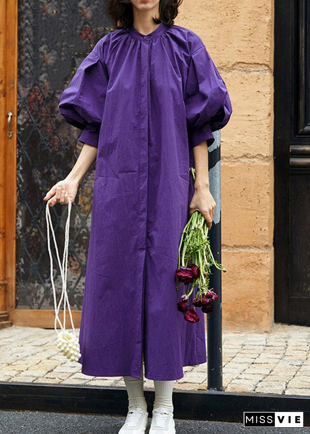 Loose Purple Stand Collar Wrinkled Maxi Dress Lantern Sleeve