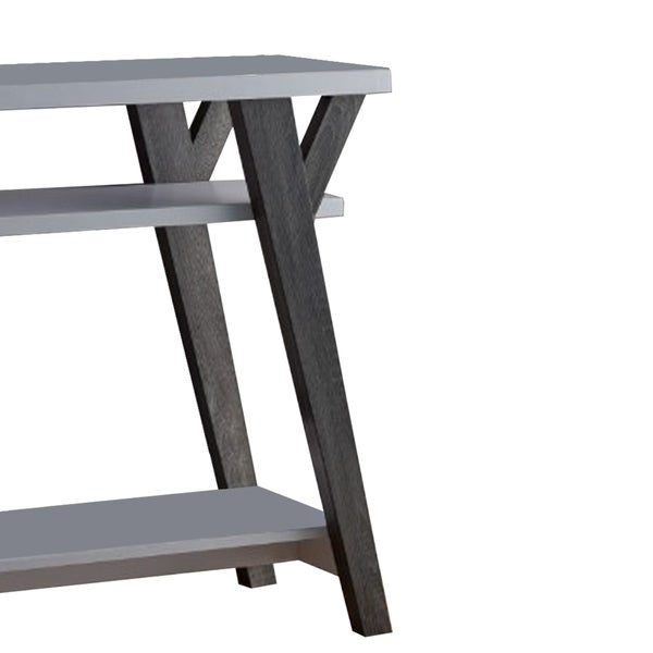 Wooden Console Table with 2 Lower Shelves， White and Distressed Gray