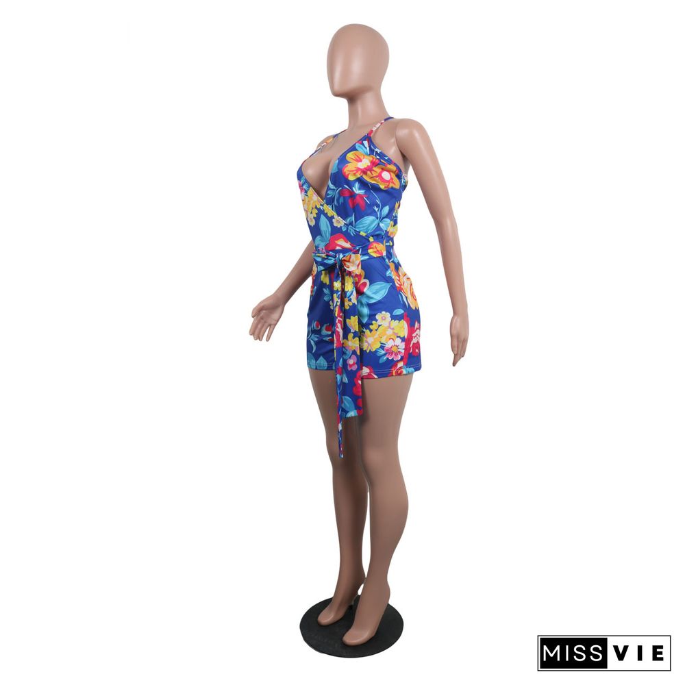 Women Holiday Floral Print V Neck Sleeveless Summer Bandage Beach Halter Neck Skinny Rompers