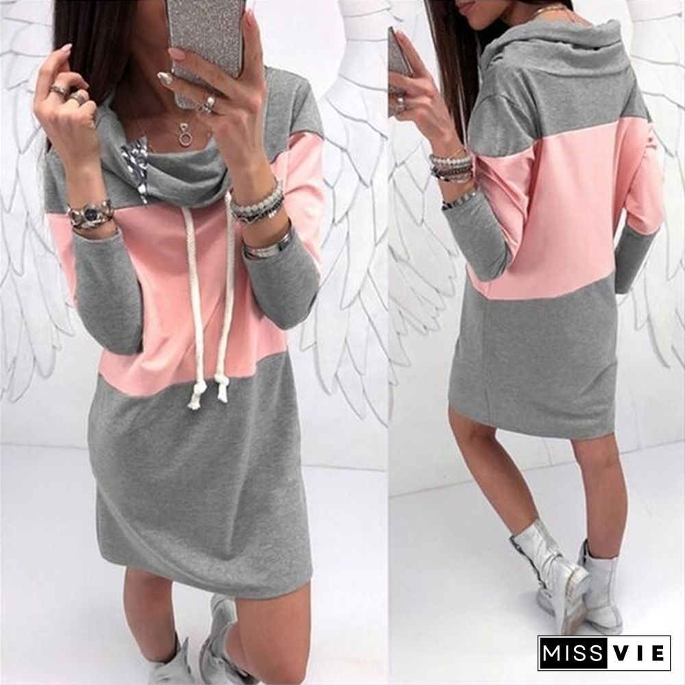 Casual Autumn Women Long Sleeve High Collar Patchwork Maxi Sport Sweatshirt Dress