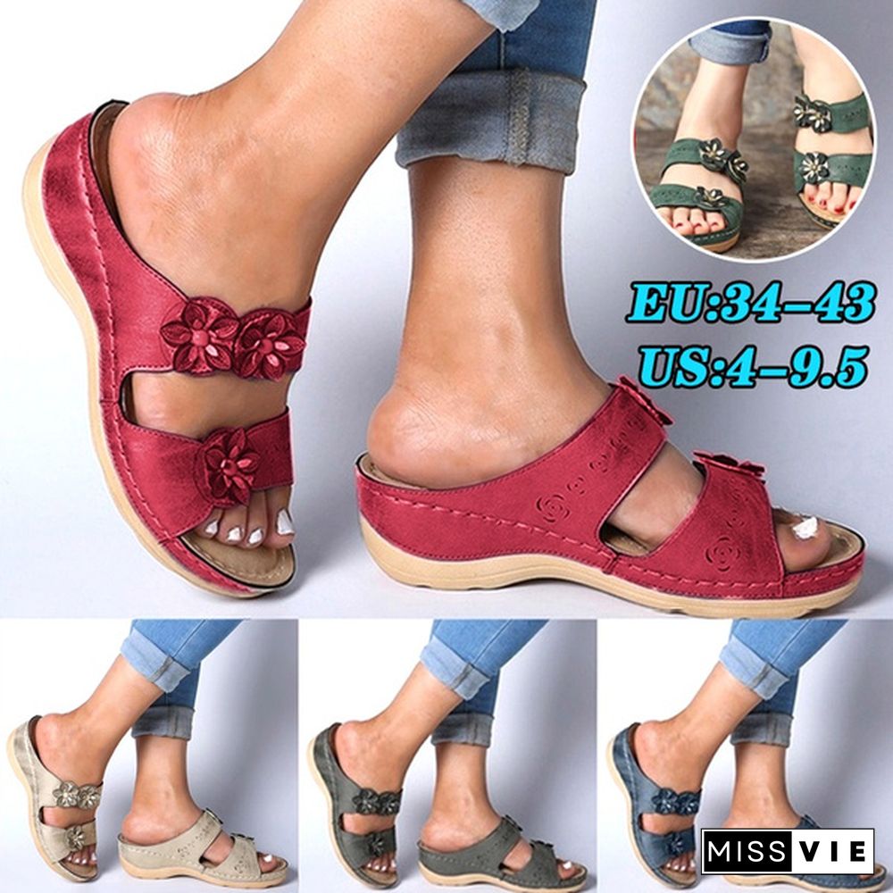 Women Fashion Casual Roman Style Flowers Open Toe Wedge Slippers Sandals