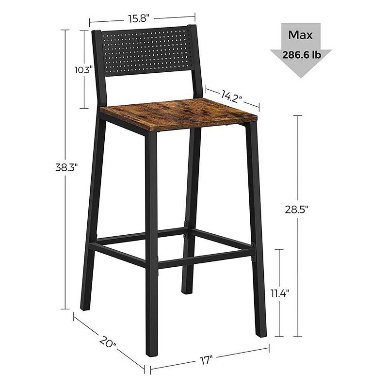 BreeBe Set of 2 Industrial Bar Stools with Backrest