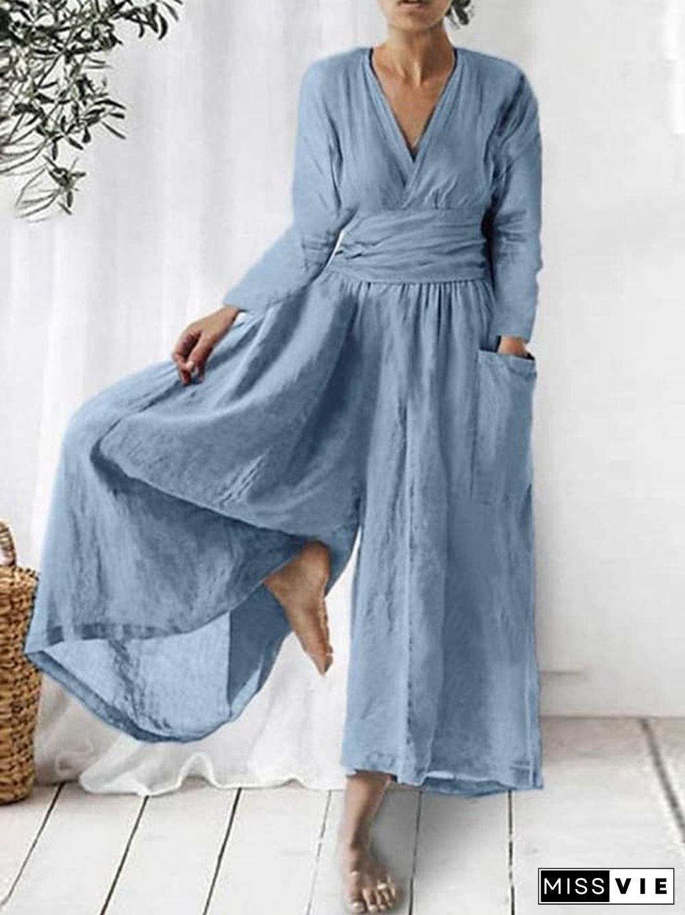 Elegant V Neck Wide Leg Flowy Jumpsuit