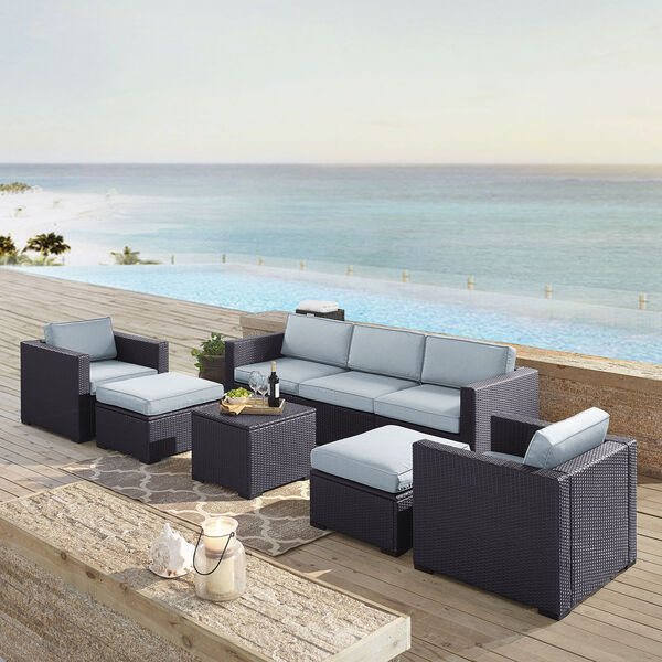 Biscayne 7 Person Outdoor Wicker Seating Set in Mist - One Loveseat， Two Arm Chairs， One Corner Chair， One Coffee Table， Two Ottomans