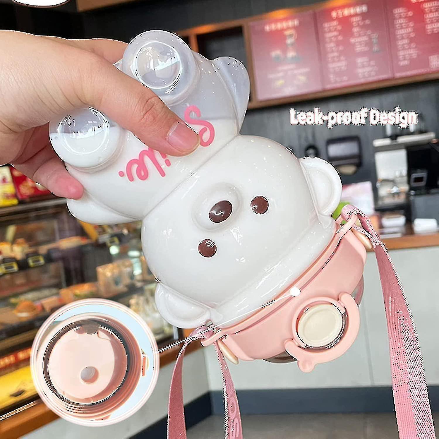 Bear Water Bottle With Straw， Kawaii Leak-proof Water Jug With Adjustable Shoulder Strap