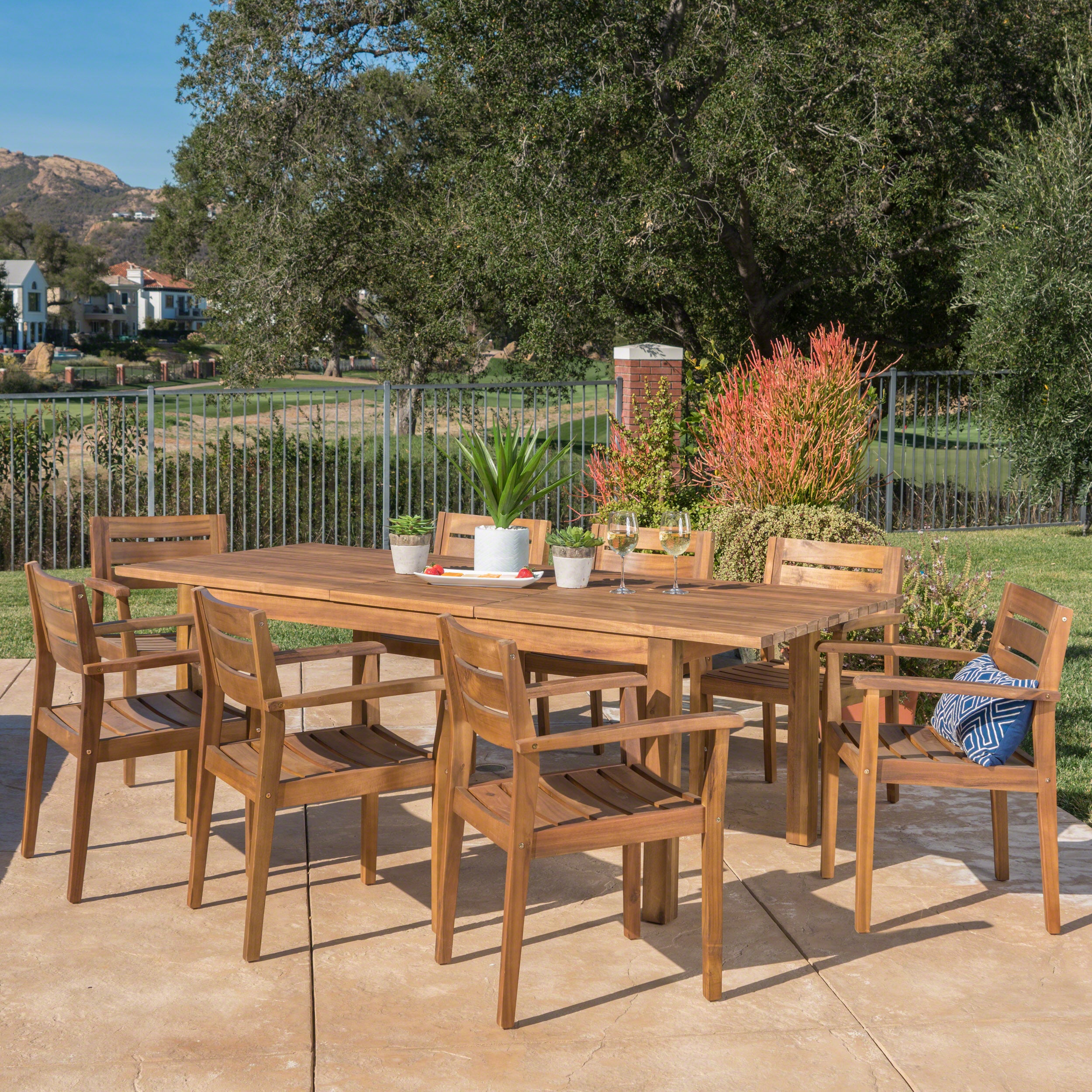 Sakura Outdoor 9 Piece Acacia Wood Dining Set with Expandable Dining Table