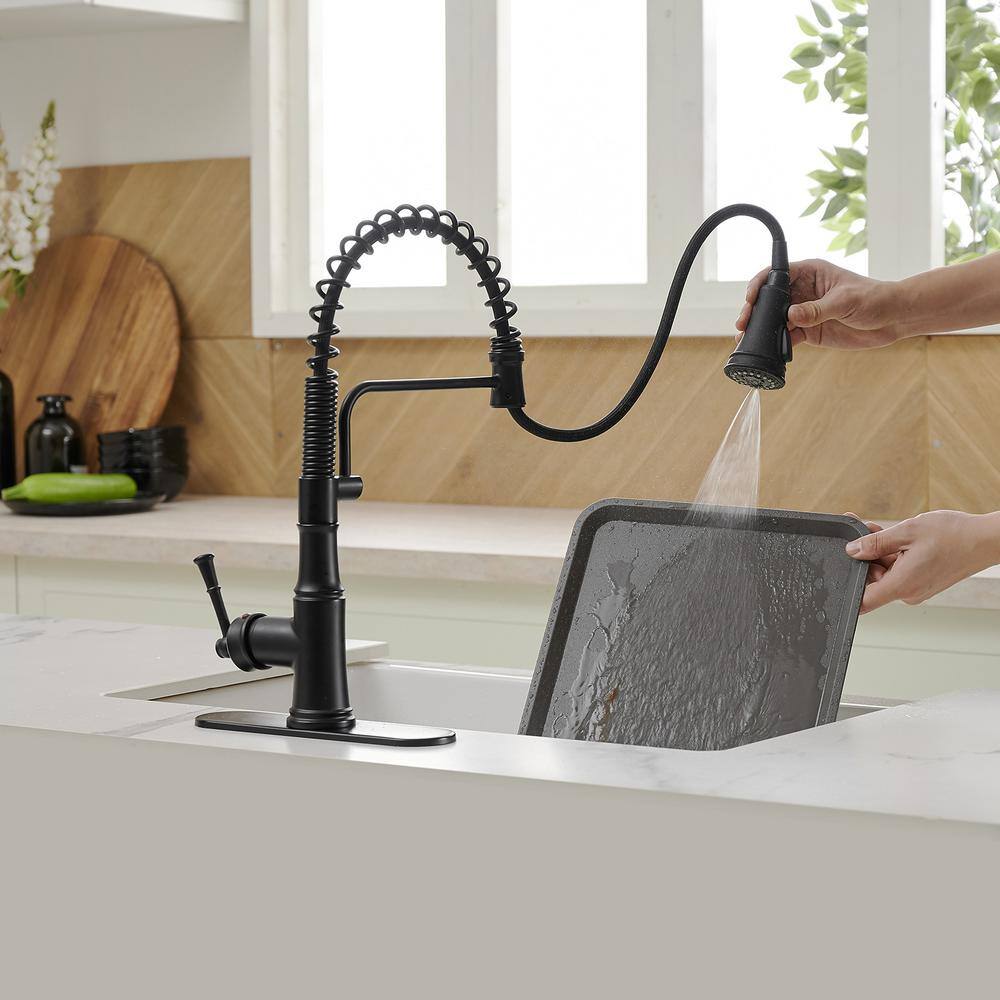 BWE Single-Handle Pull-Down Sprayer 3 Spray High Arc Kitchen Faucet With Deck Plate in Matte Black A-94559-B