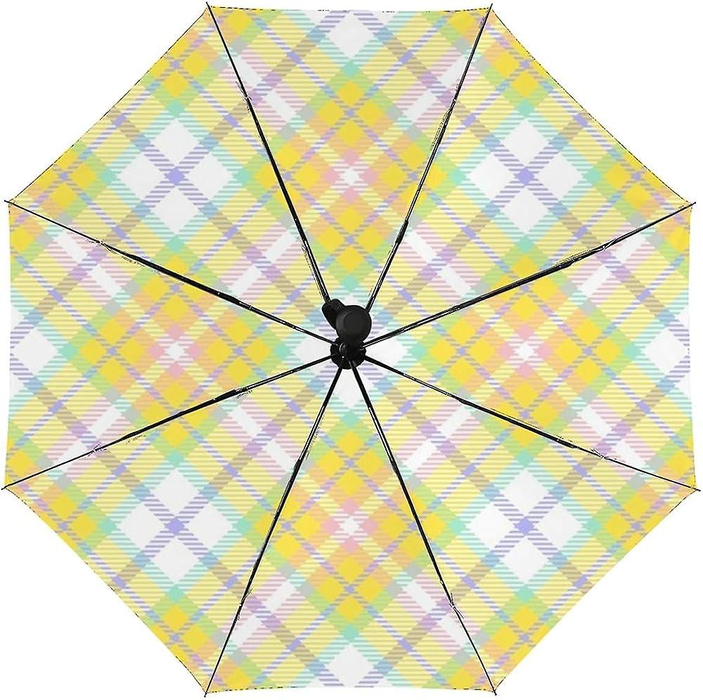 Colourlife Travel Umbrella Yellow Pattern Tartan Automatic Windproof Foldable Umbrella For Sun and Rain