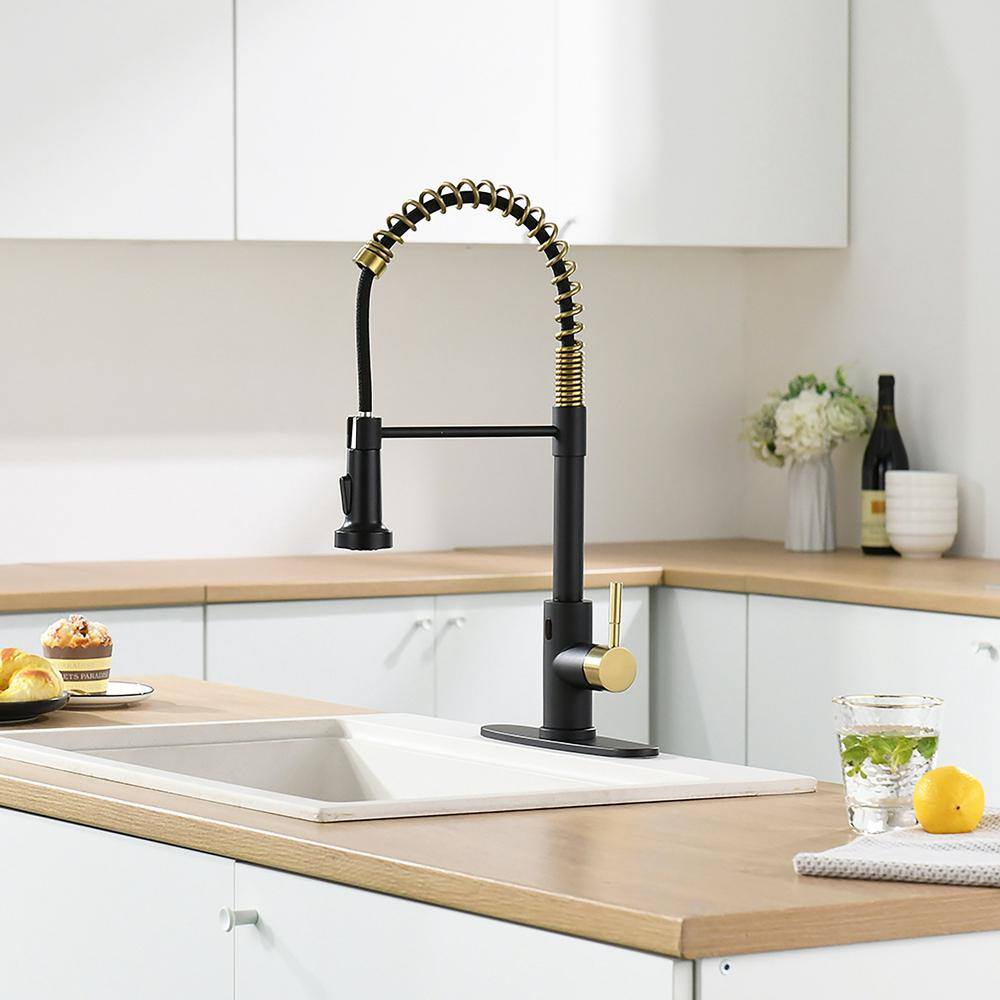 matrix decor Single Handle Touchless Pull Down Sprayer Kitchen Faucet with Deckplate in Black and Gold MD-ALIS1306BGD