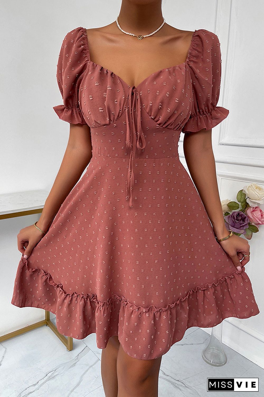 Solid Polka Dot Ruffle Short Sleeve Dress Wholesale