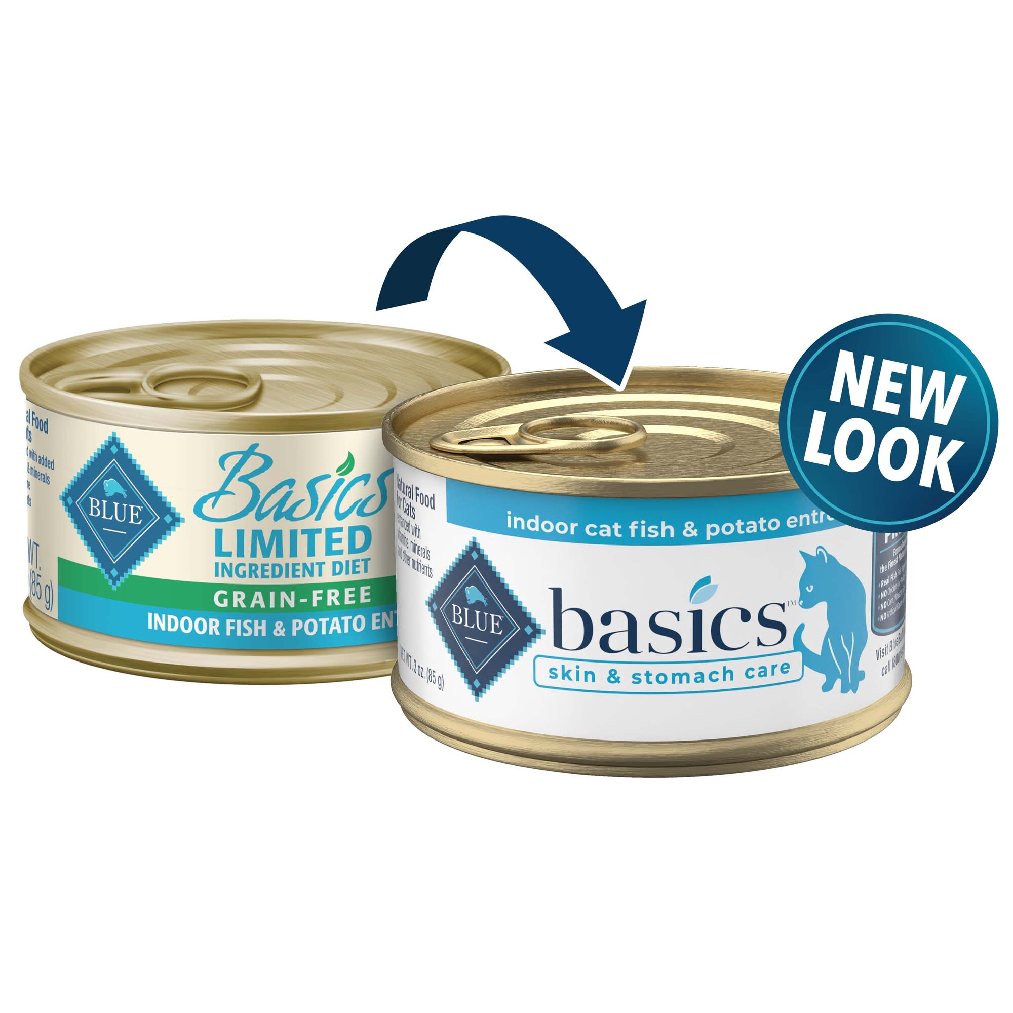 Blue Buffalo Blue Basics Skin  Stomach Care Natural Adult Grain Free Indoor Fish Adult Pate Wet Cat Food， 3 oz.， Case of 24