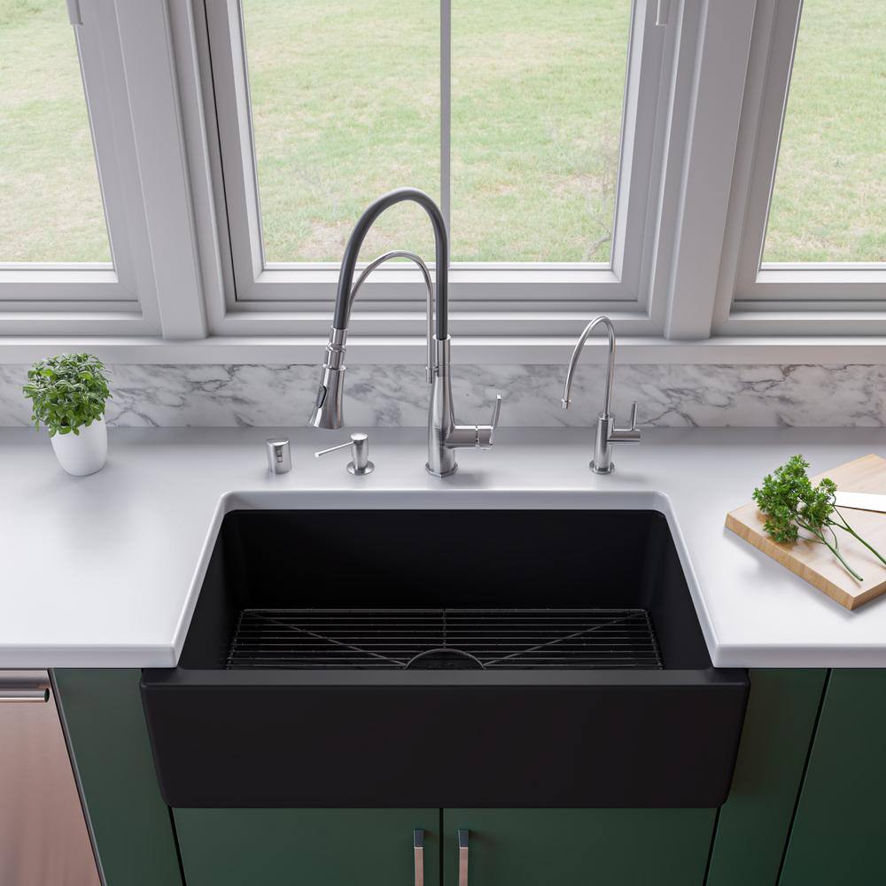 ALFI BRAND Black Matte Fireclay 33.13 in. Single Bowl Farmhouse Apron Workstation Kitchen Sink AB3318HS-BM