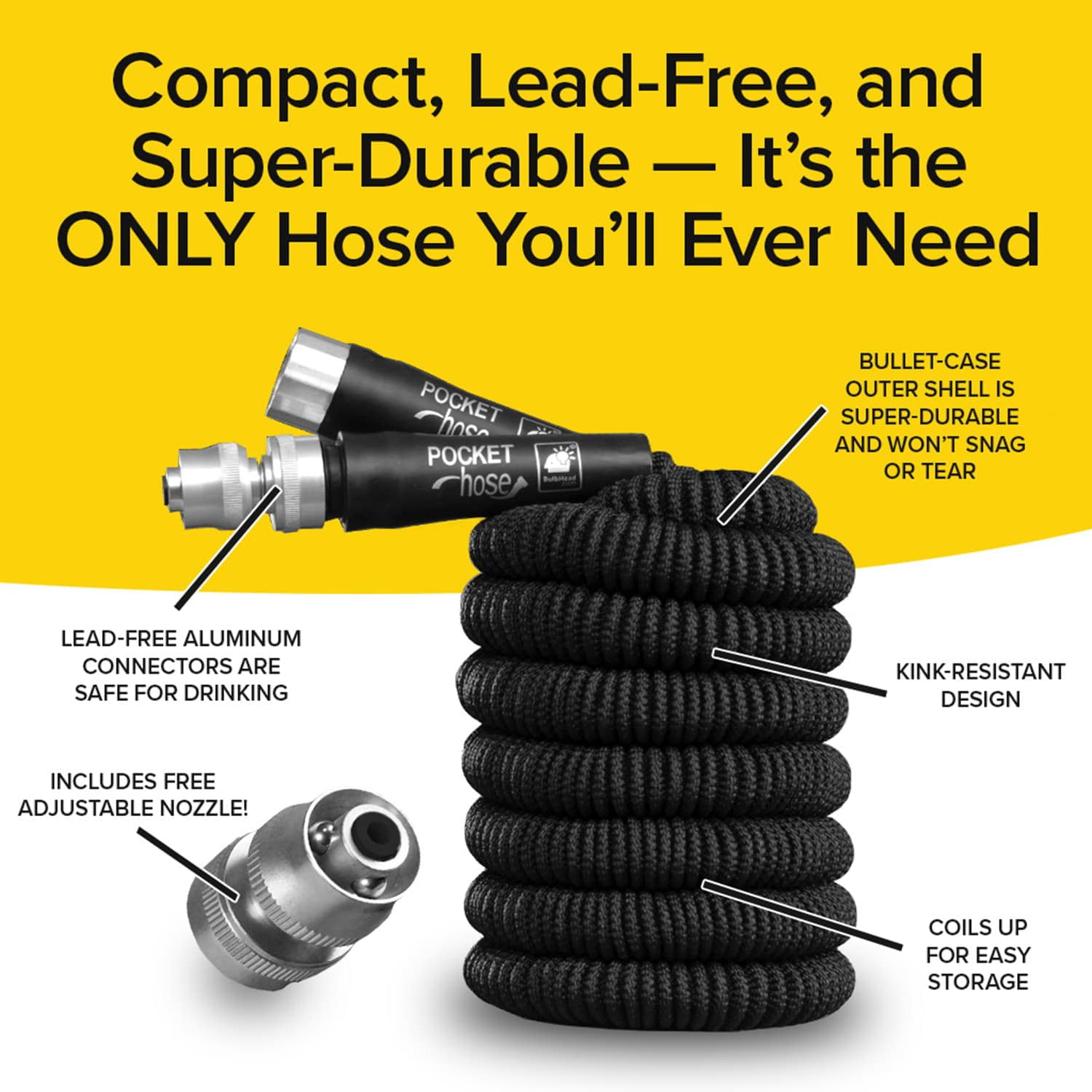 Pocket Hose Original Silver Bullet Water Hose by BulbHead - Expandable Garden Hose That Grows with Lead-Free Aluminum Connectors - Safe Drinking Water Hose (25Feet)