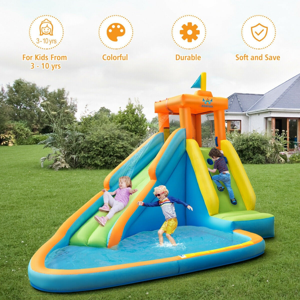 Inflatable Water Slide, Bouncer Pool w/Long Slide (with 740W Air Blower)