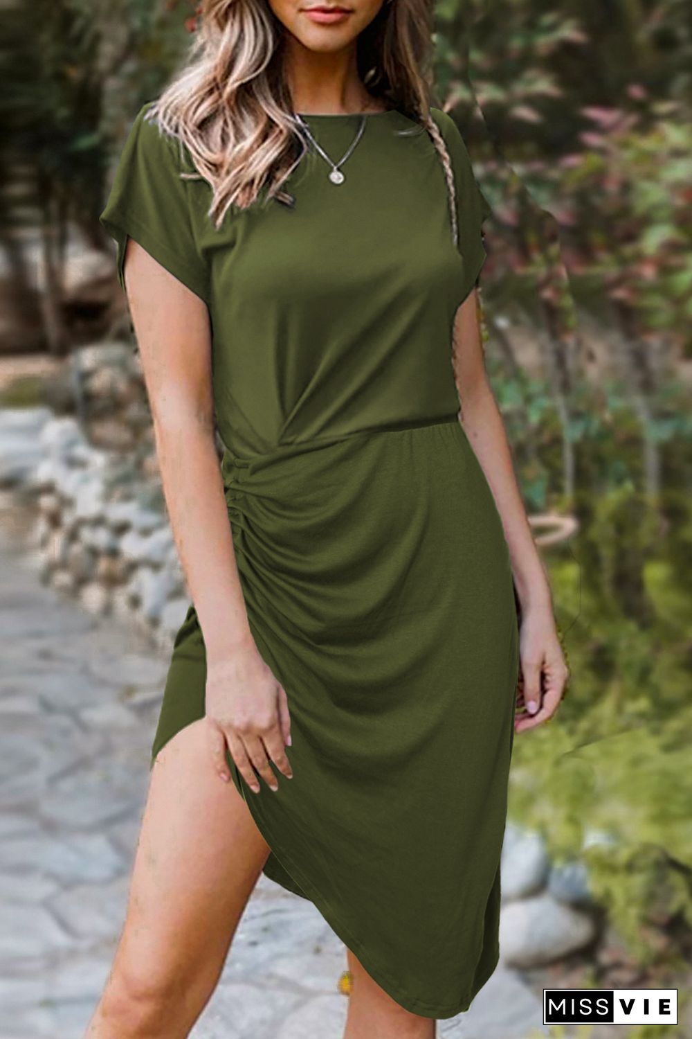 Green Side Shirring Short Sleeve Mini Dress