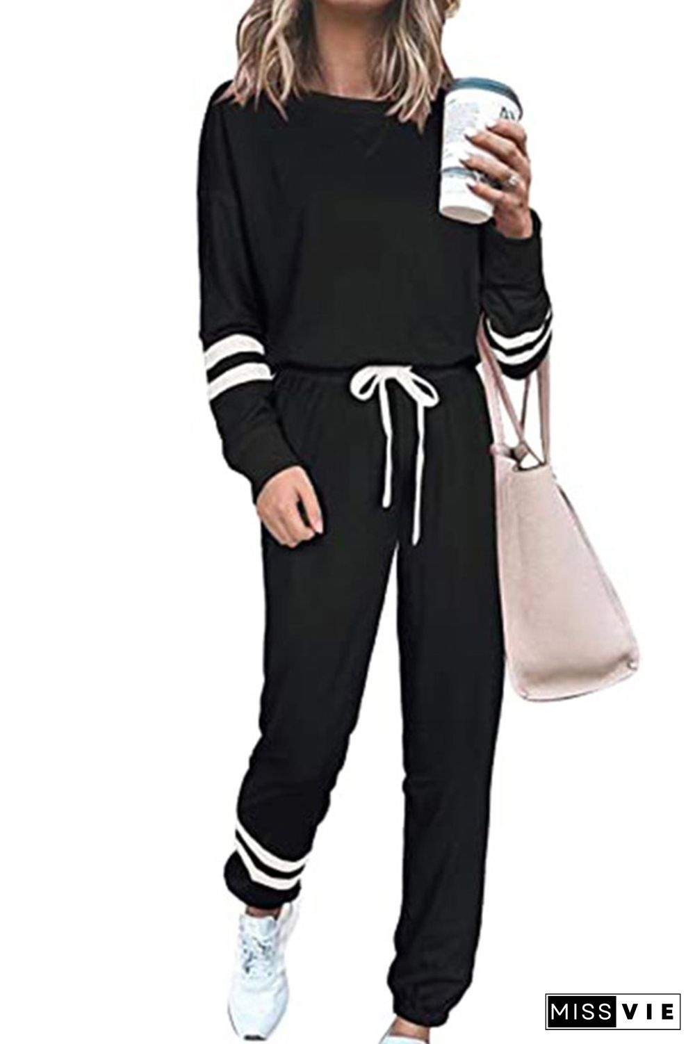 Black Round Neck Long Sleeve Two Piece Pants Set