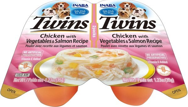 Inaba Twins Chicken with Vegetables and Salmon Recipe Grain-Free Dog Food Topper， 1.23-oz， pack of 2