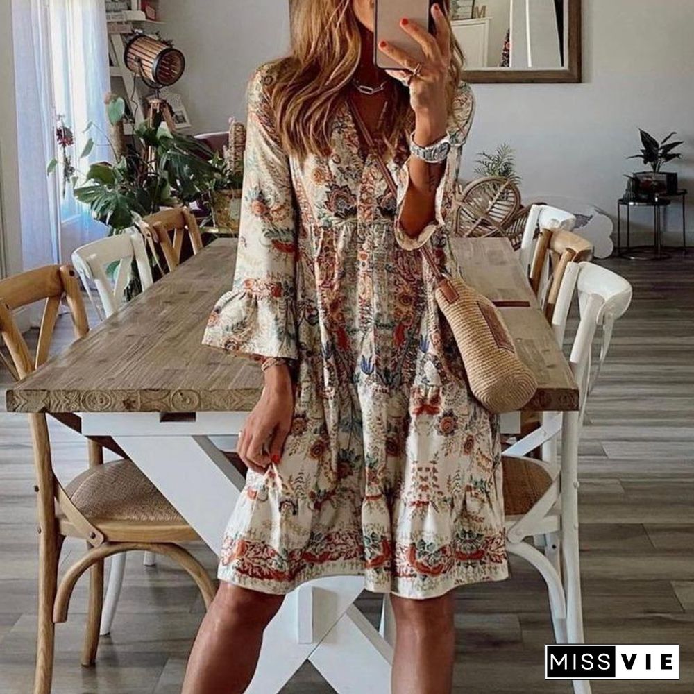 Retro Print V-Neck Long Sleeve Mini Dress