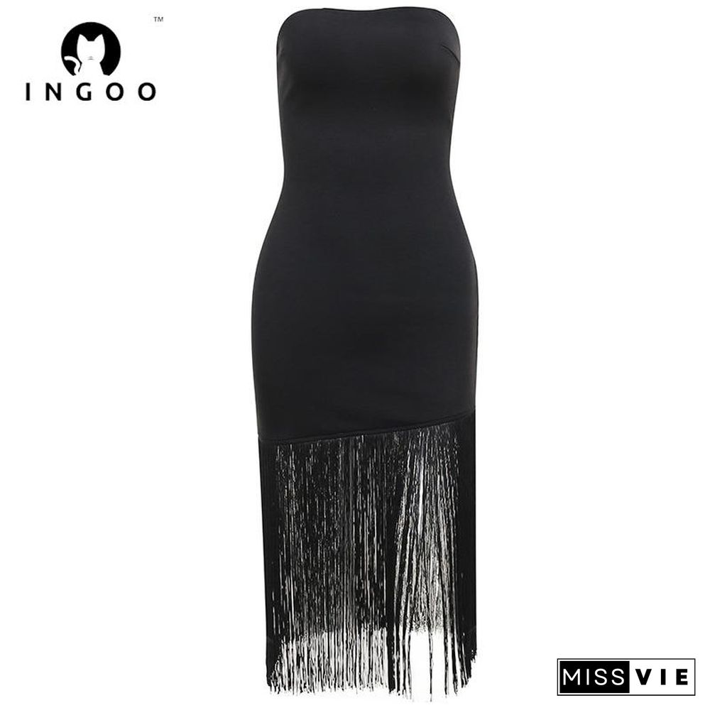 INGOO Black Fringe Sexy Tube Dress Bodycon Sleeveless Women Summer Long Dress Evening Elegant White Backless Party Club Outfits