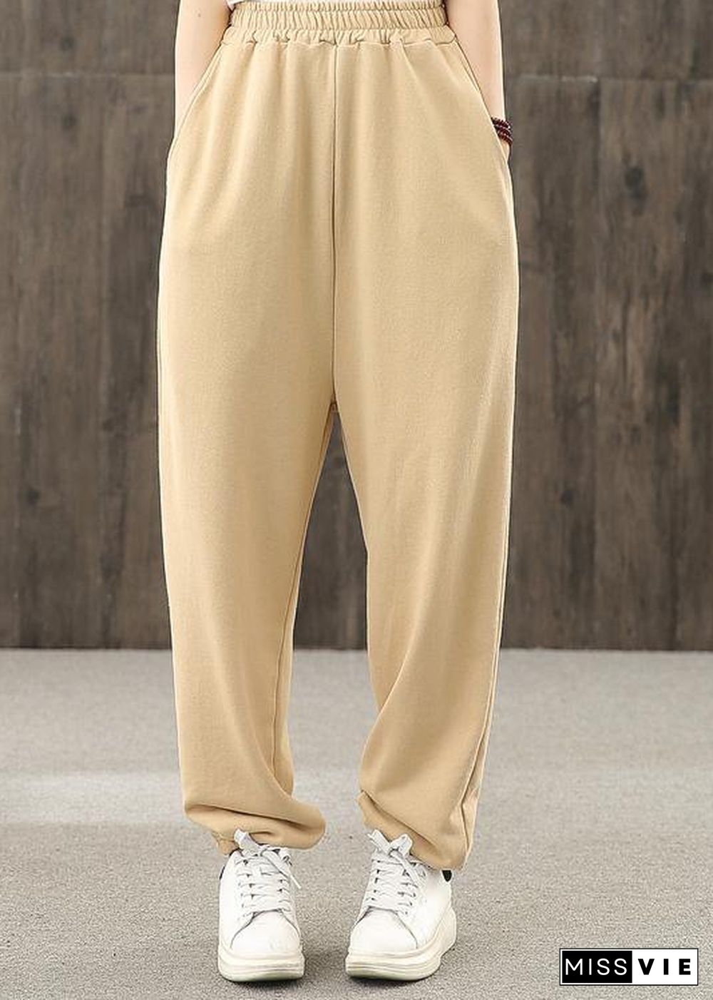 Khaki pockets decoration elastic waist casual pants loose harem pants