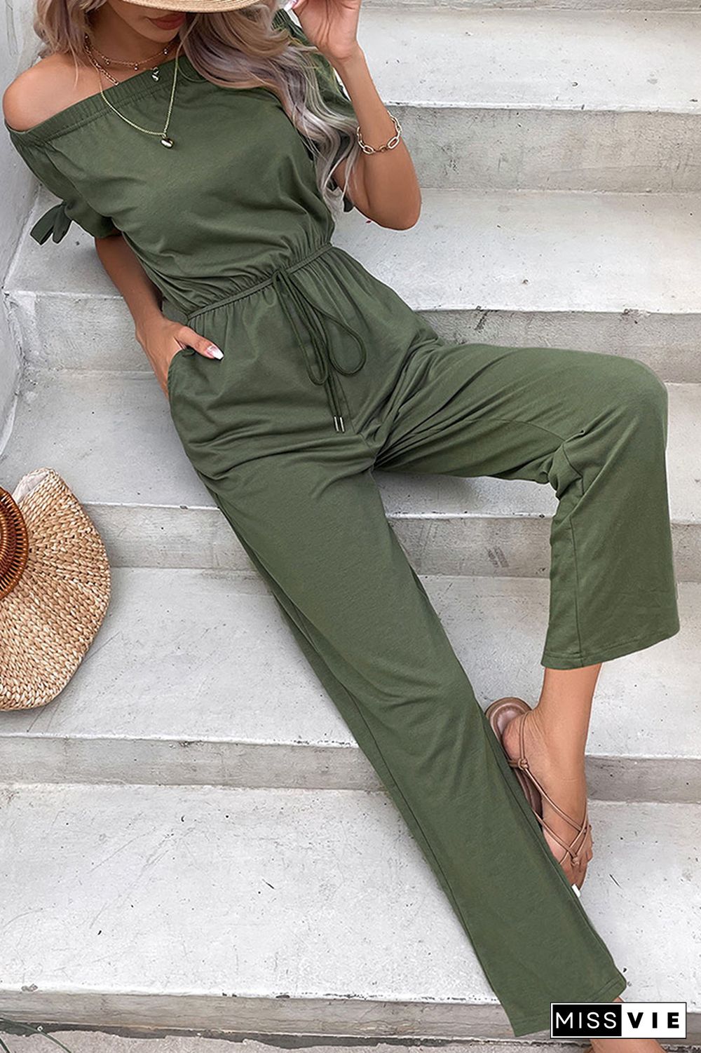 Plain Off Shoulder Drawstring Jumpsuit