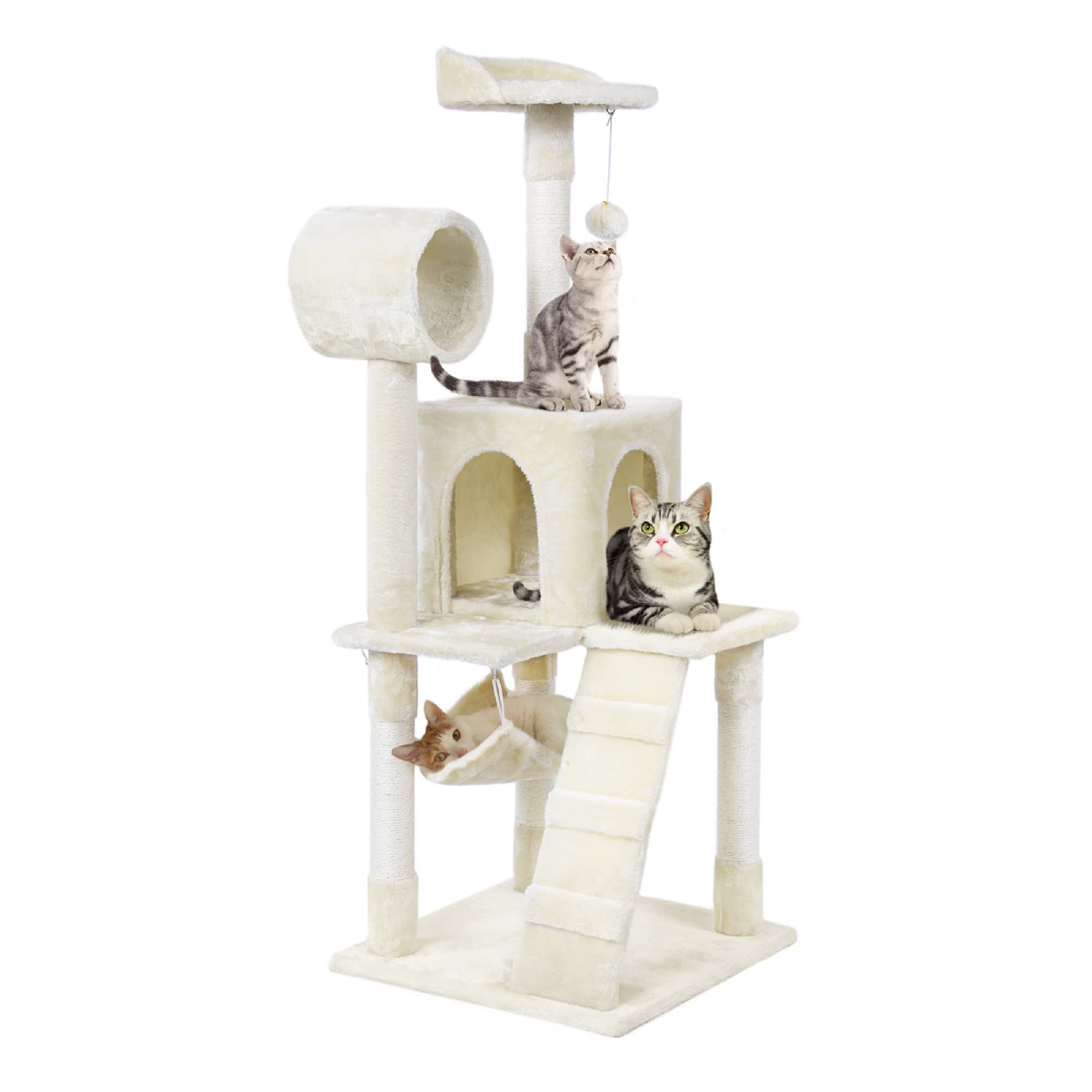 Topeakmart Beige Plush Cat Tree Condo with Hammock Tunnel， 51