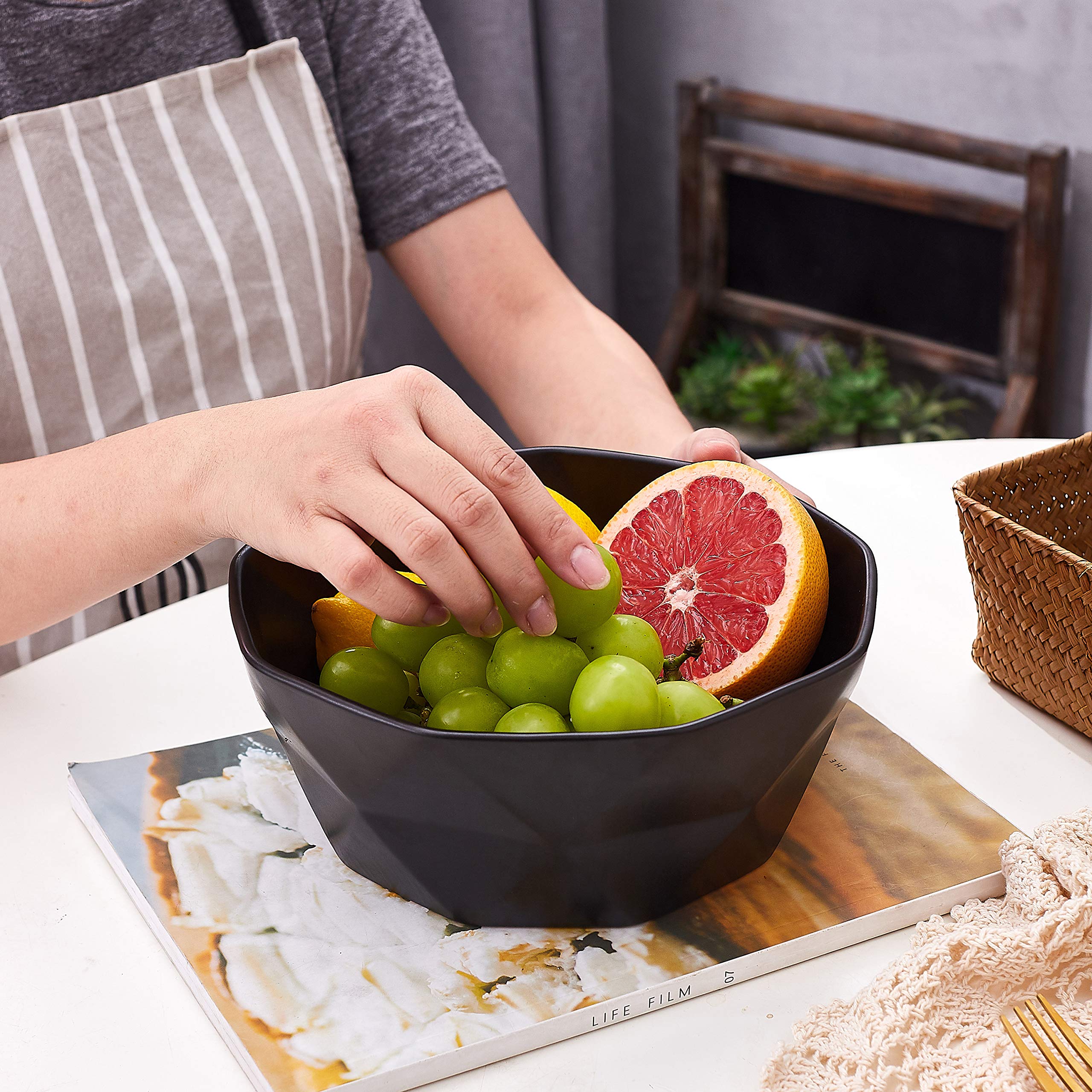 Set Of 2 Premium Ceramic Geometric Large Salad Serving Bowls (60 Oz) Oven Safe. For Family