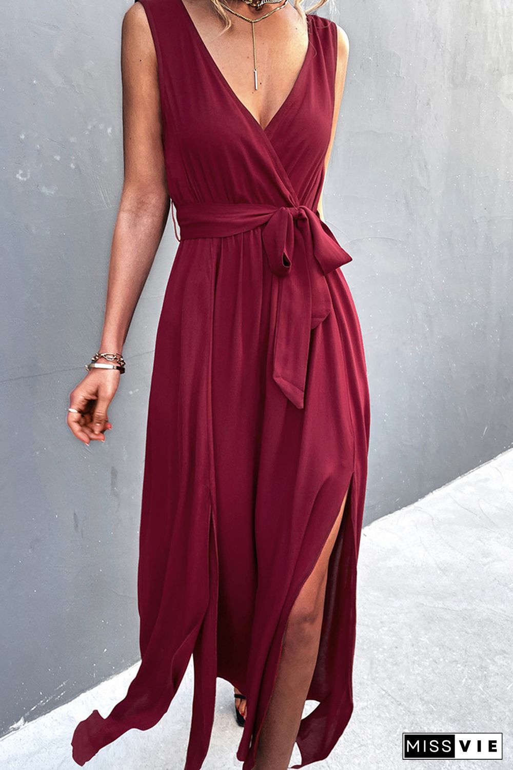 V-neck Cross-tie Sleeveless Slit Dress Wholesale