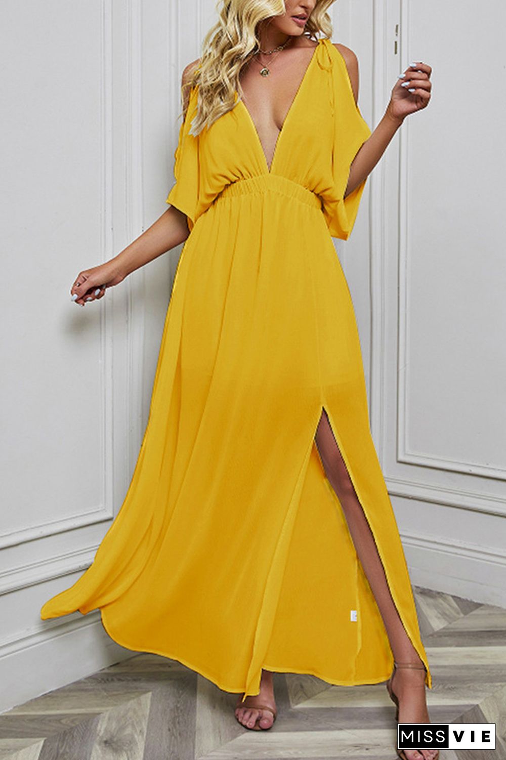 Cold Shoulder Deep V Neck Split Maxi Dress