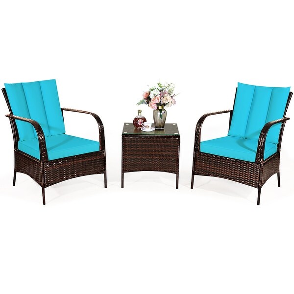 Costway 3 PCS Patio Wicker Rattan Furniture Set Coffee Table and 2