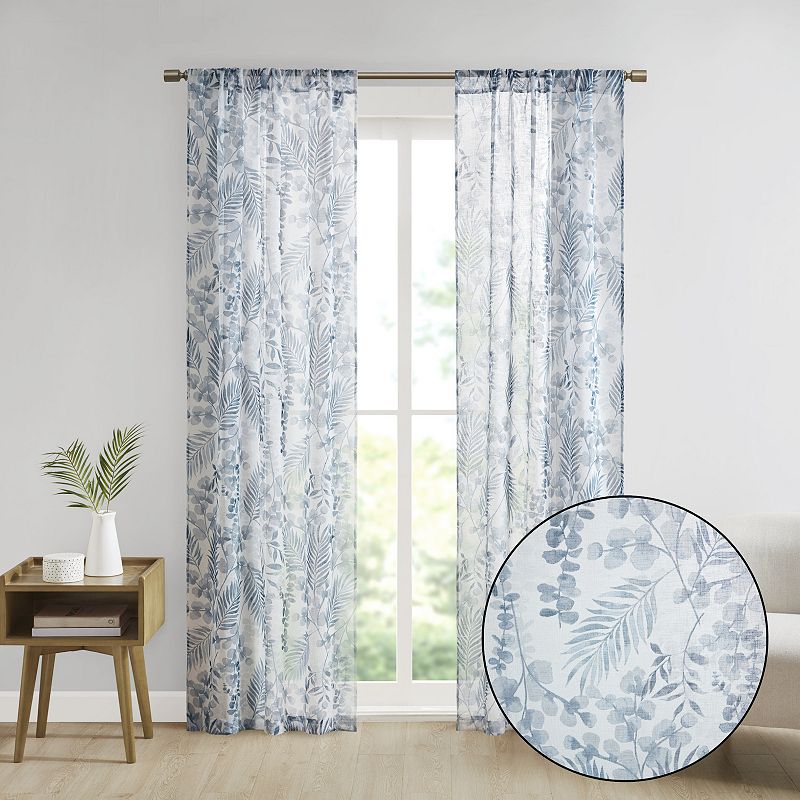 Madison Park Tulia Botanical Printed Texture Sheer 2-Pack Rod Pocket Window Curtain Panels