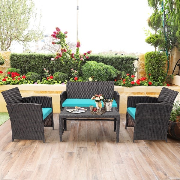 4 PCS Outdoor Rattan Furniture Set w/ Cushioned Chair and Coffee Table - Overstock - 33832107