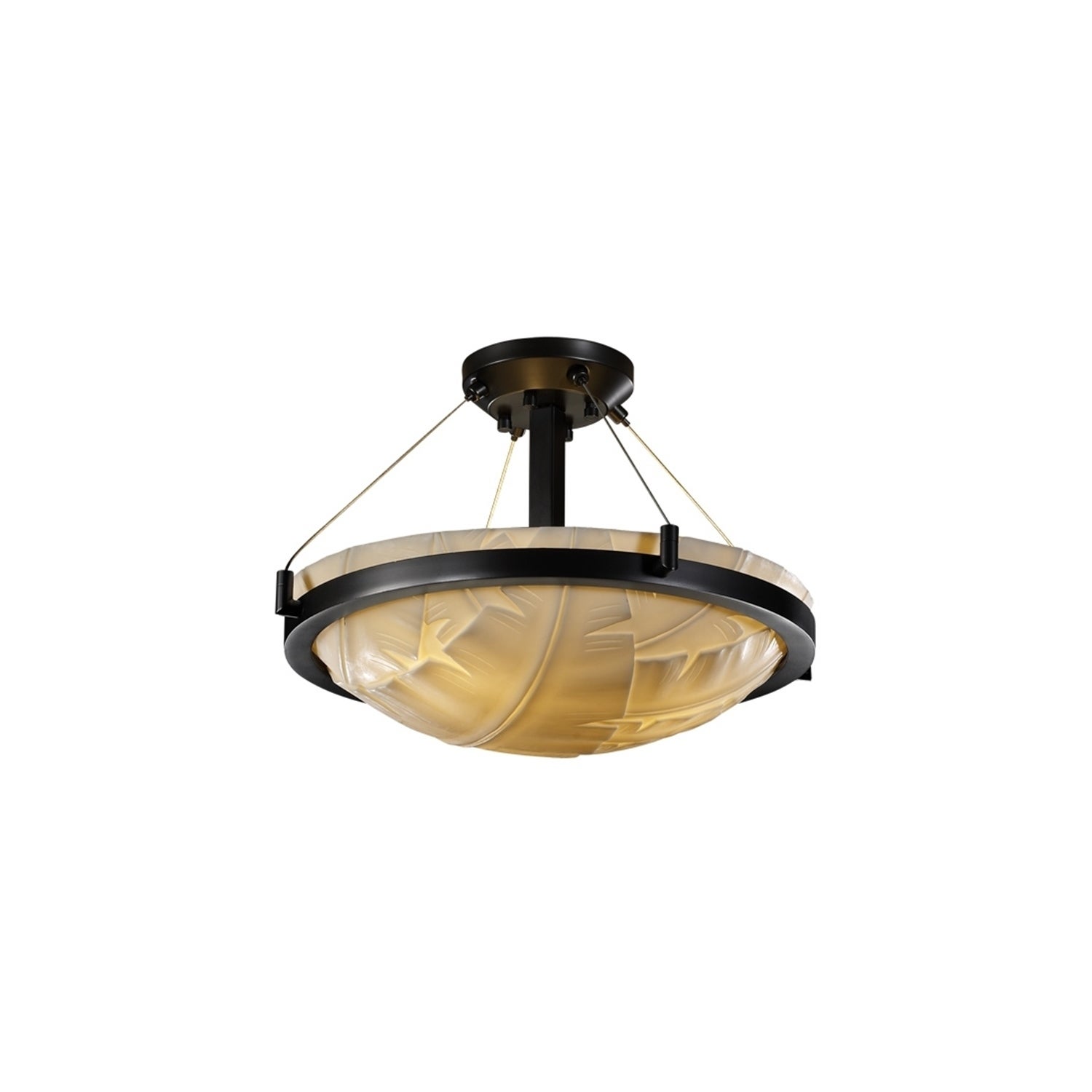 Justice Design Porcelina Ring Matte Black 3-light Semi-flush， Banana Leaf Round BowlShade