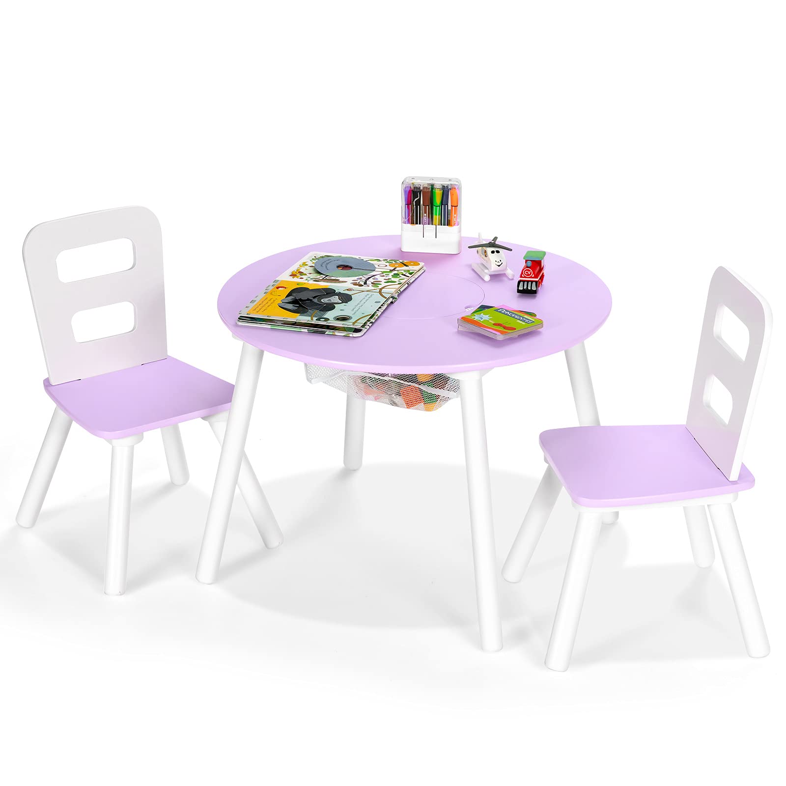 Costzon Kids Table and Chair Set, Wood Activity Table w/Center Mesh Storage